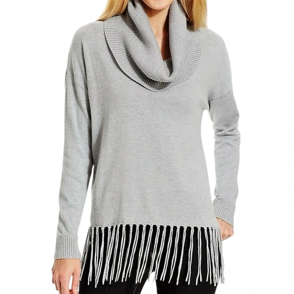 Michael Kors Cowl Neck Fringe Hem Sweater Pearl Heather Gray Size L